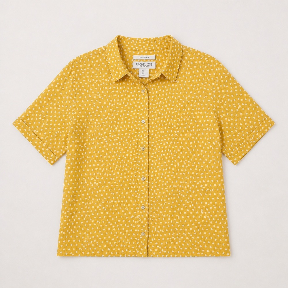 Rachel Zoe Yellow Polka Dot 100% Linen Short Sleeve Button Up L‎ Euro Summer